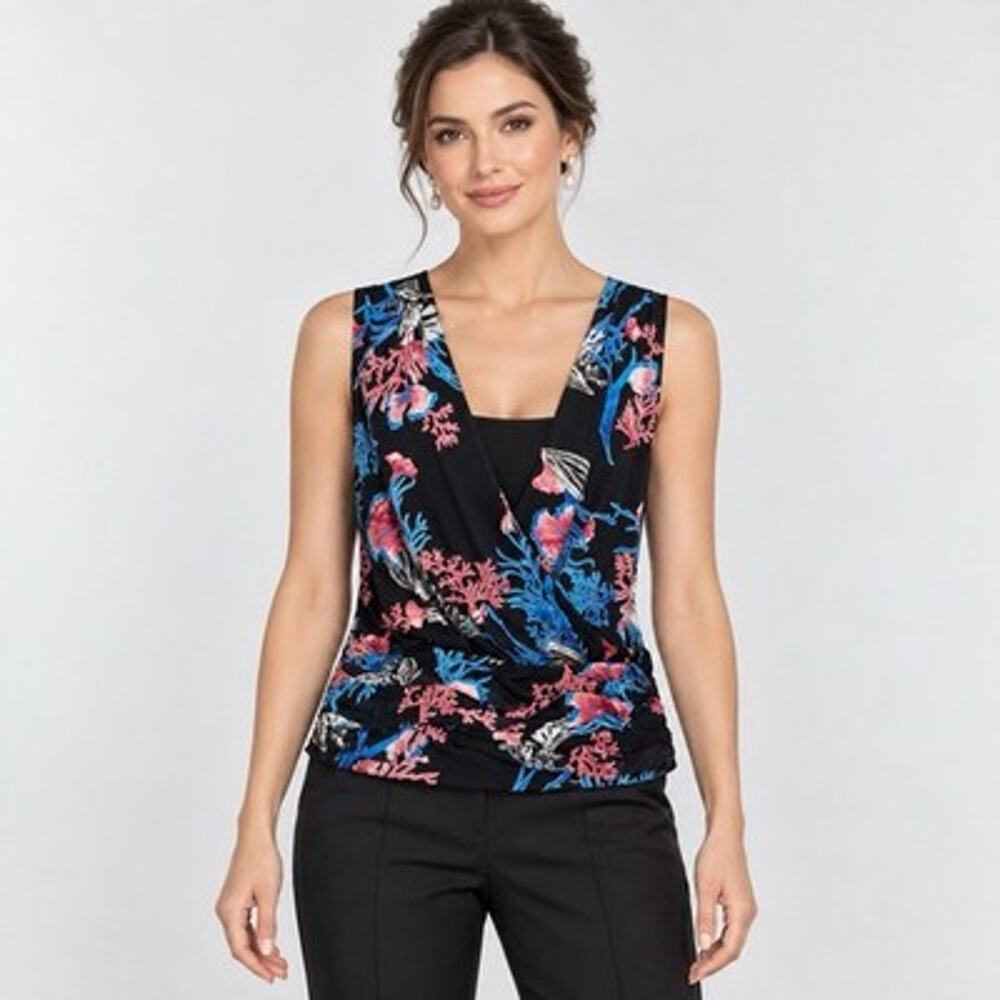 White House Black Market Faux Wrap Sleeveless Top Medium Silky Coral Reef Print